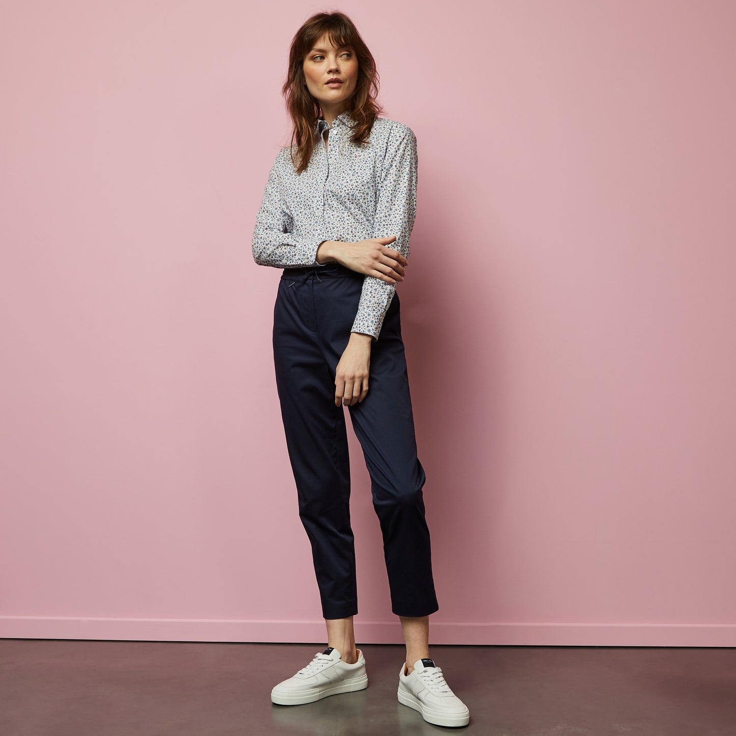 Dark blue trousers with elasticated waist