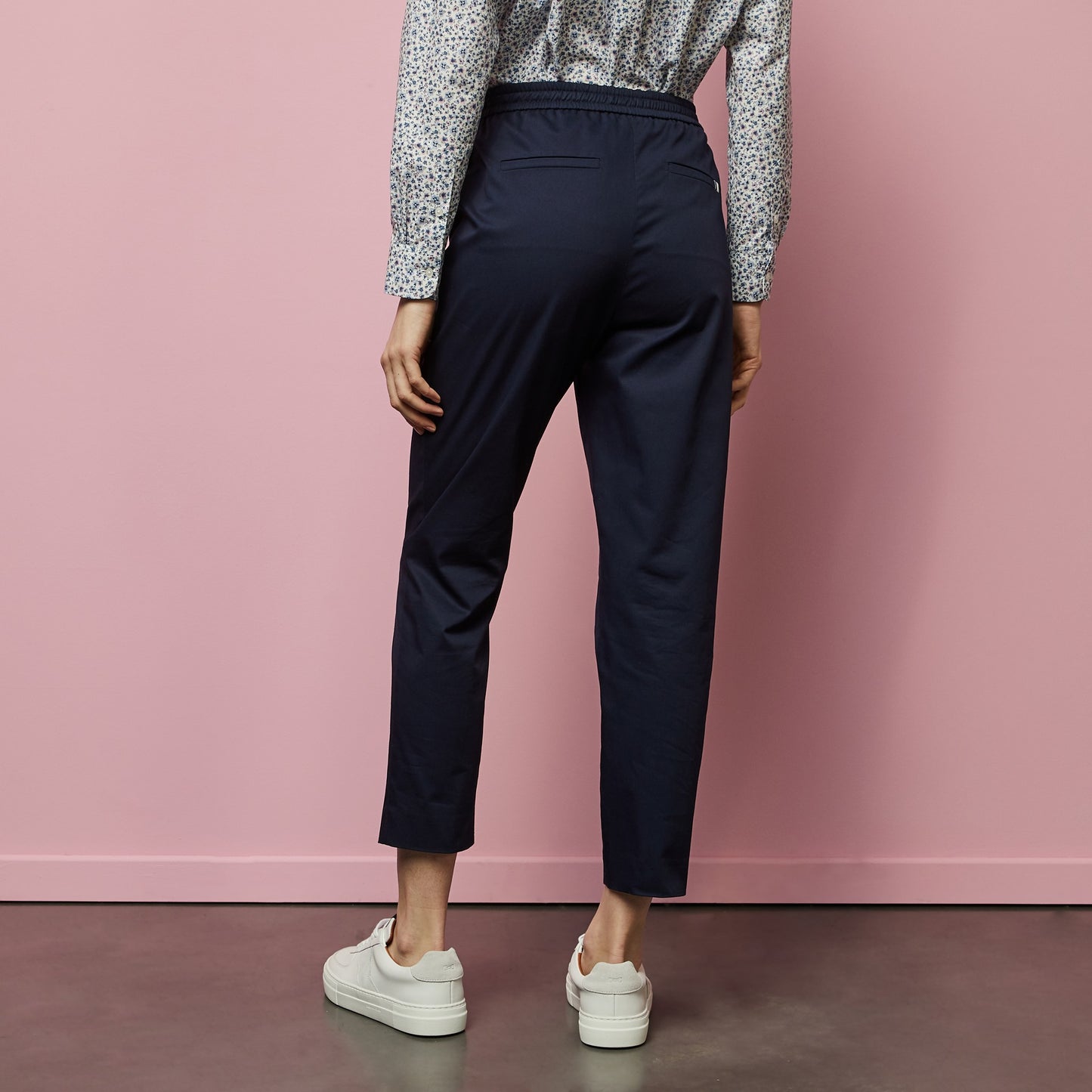 Dark blue trousers with elasticated waist