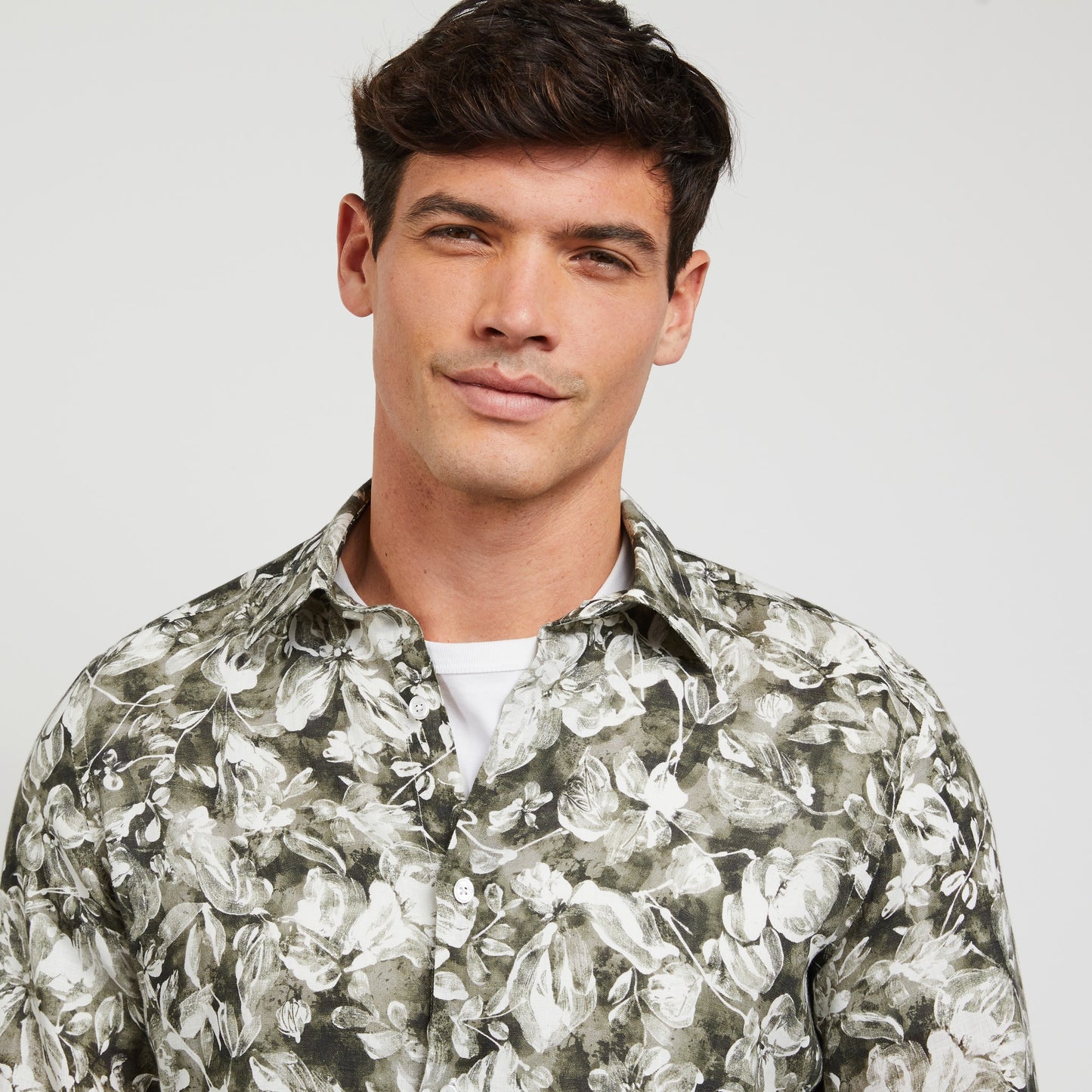 Khaki linen shirt with a floral print