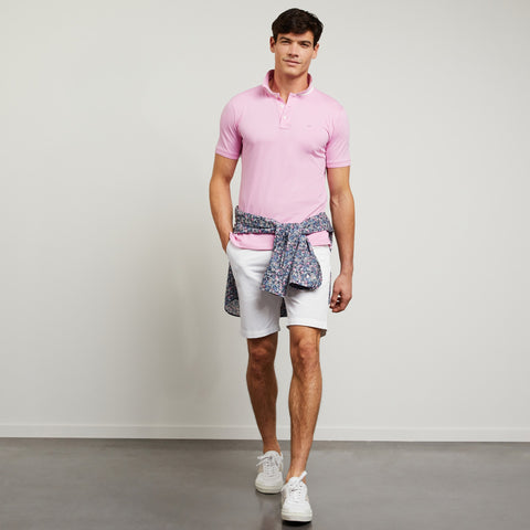 Pink polo in Pima cotton pique, with striped collar - Image 1