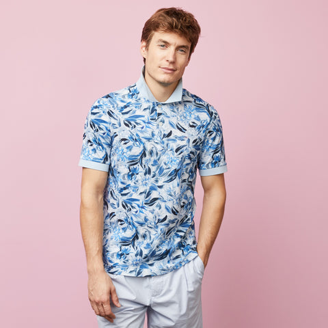 Light blue polo in cotton pique with floral print - Image 3