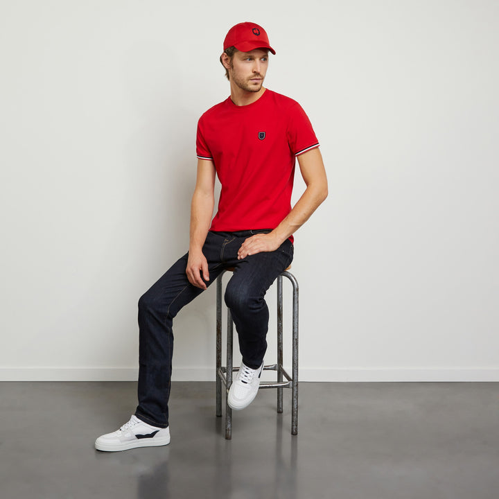 T-shirt uni rouge à détails tricolores