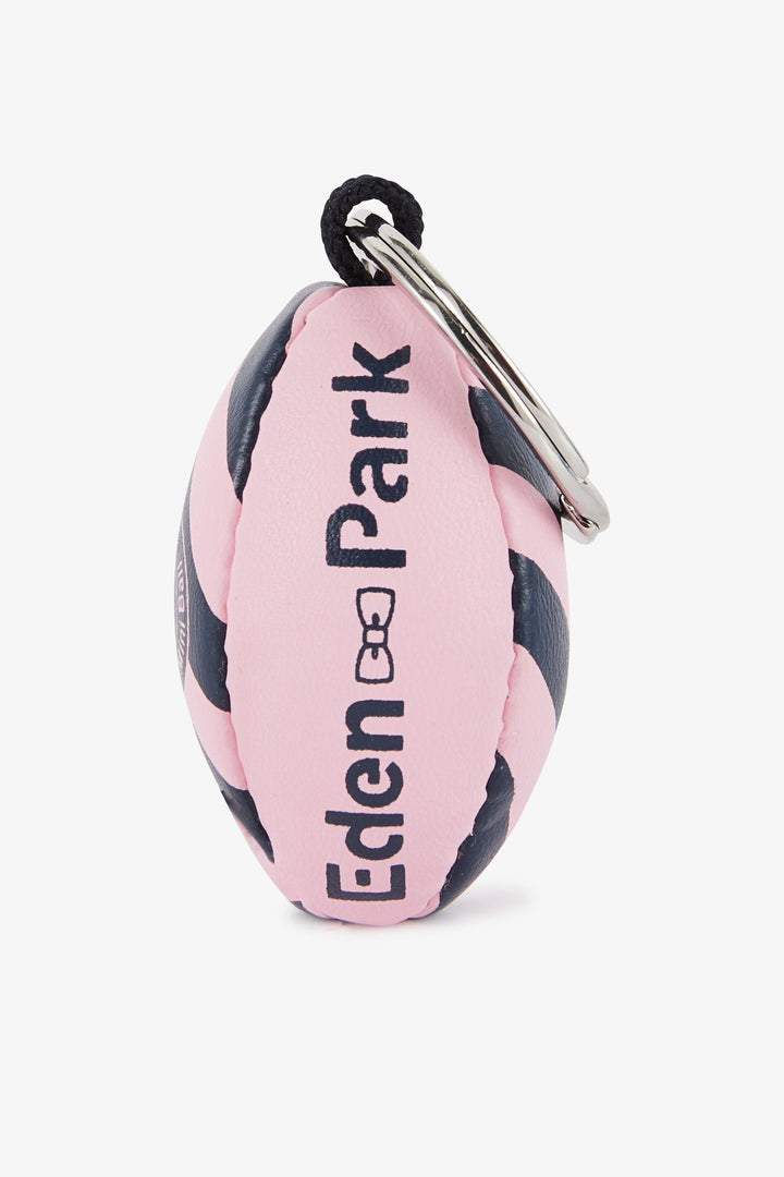 Porte-clés ballon de rugby rose cerclé et sérigraphié