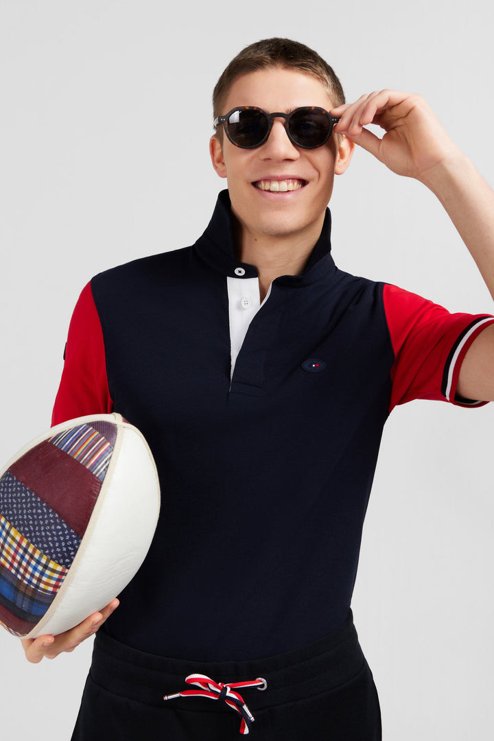Red colour-block polo shirt with rooster embroidery on the back