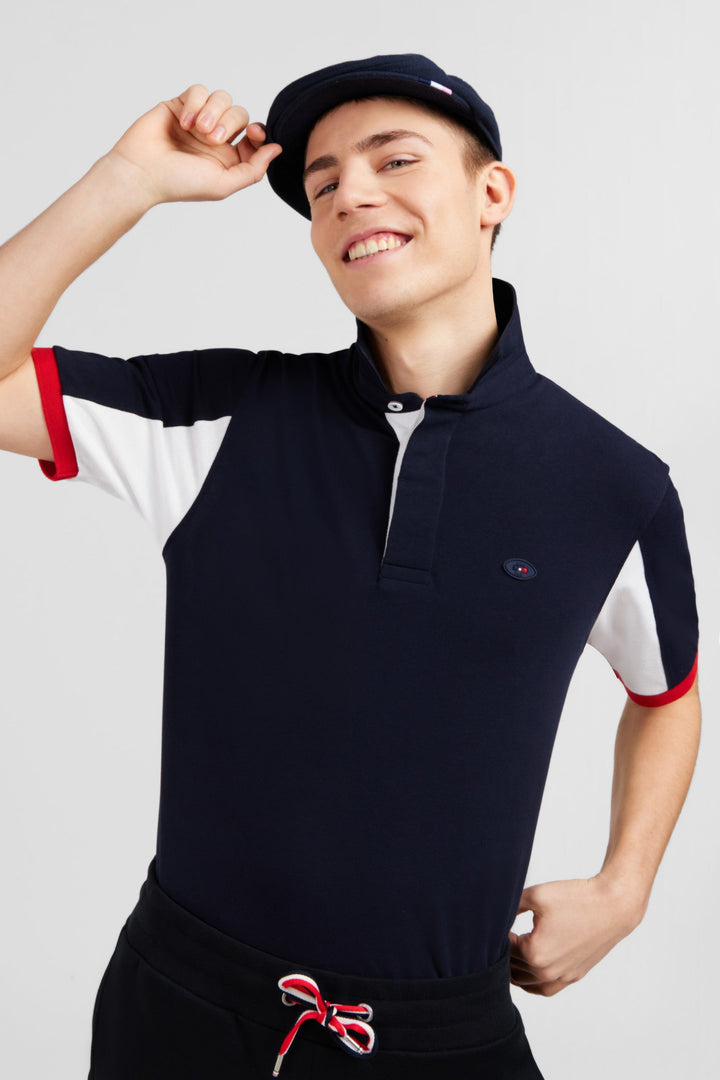Dark blue colour-block polo shirt with no. 1 embroidery on the back