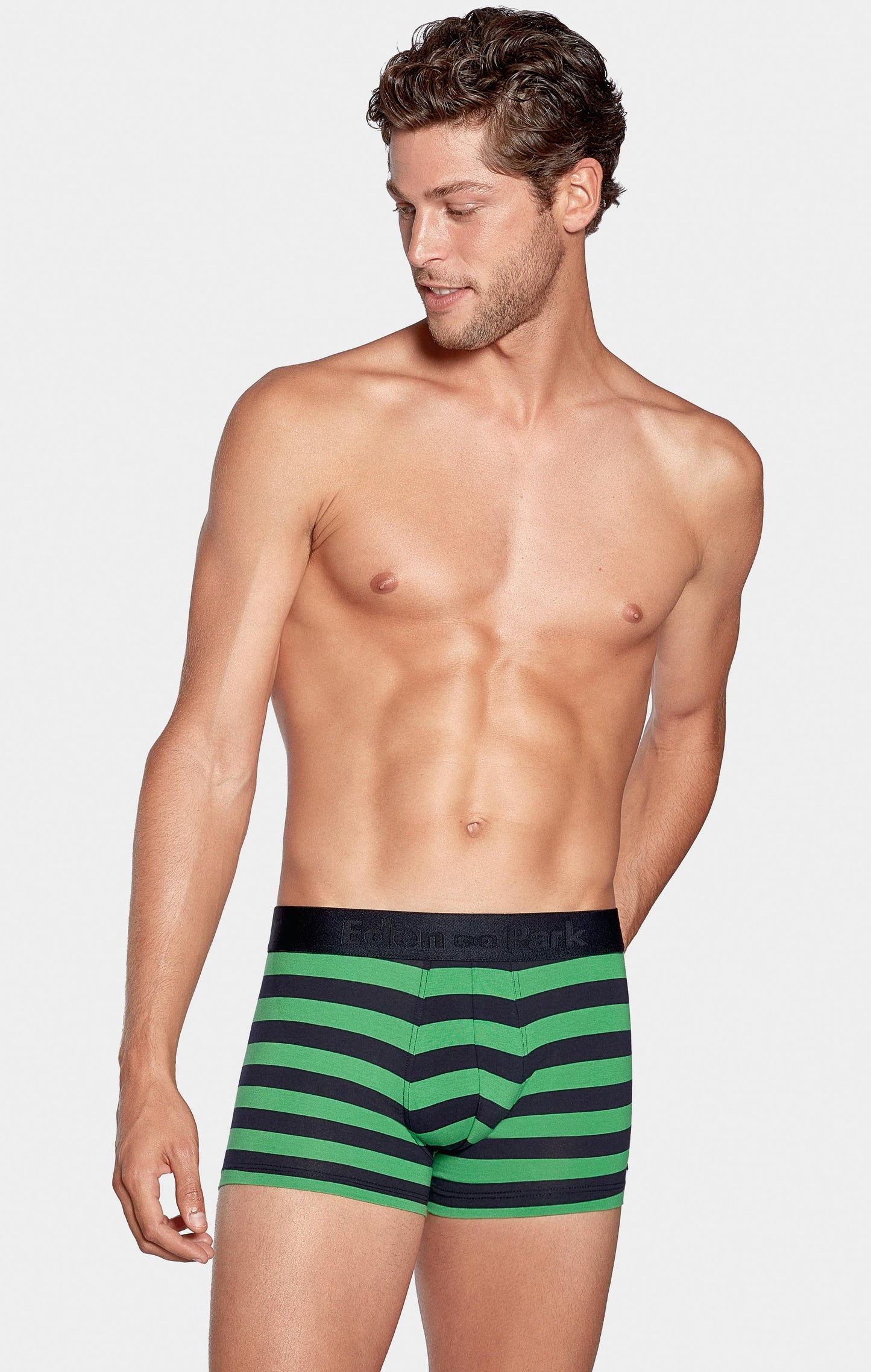 Navy and green striped boxers in stretch cotton - Image 1