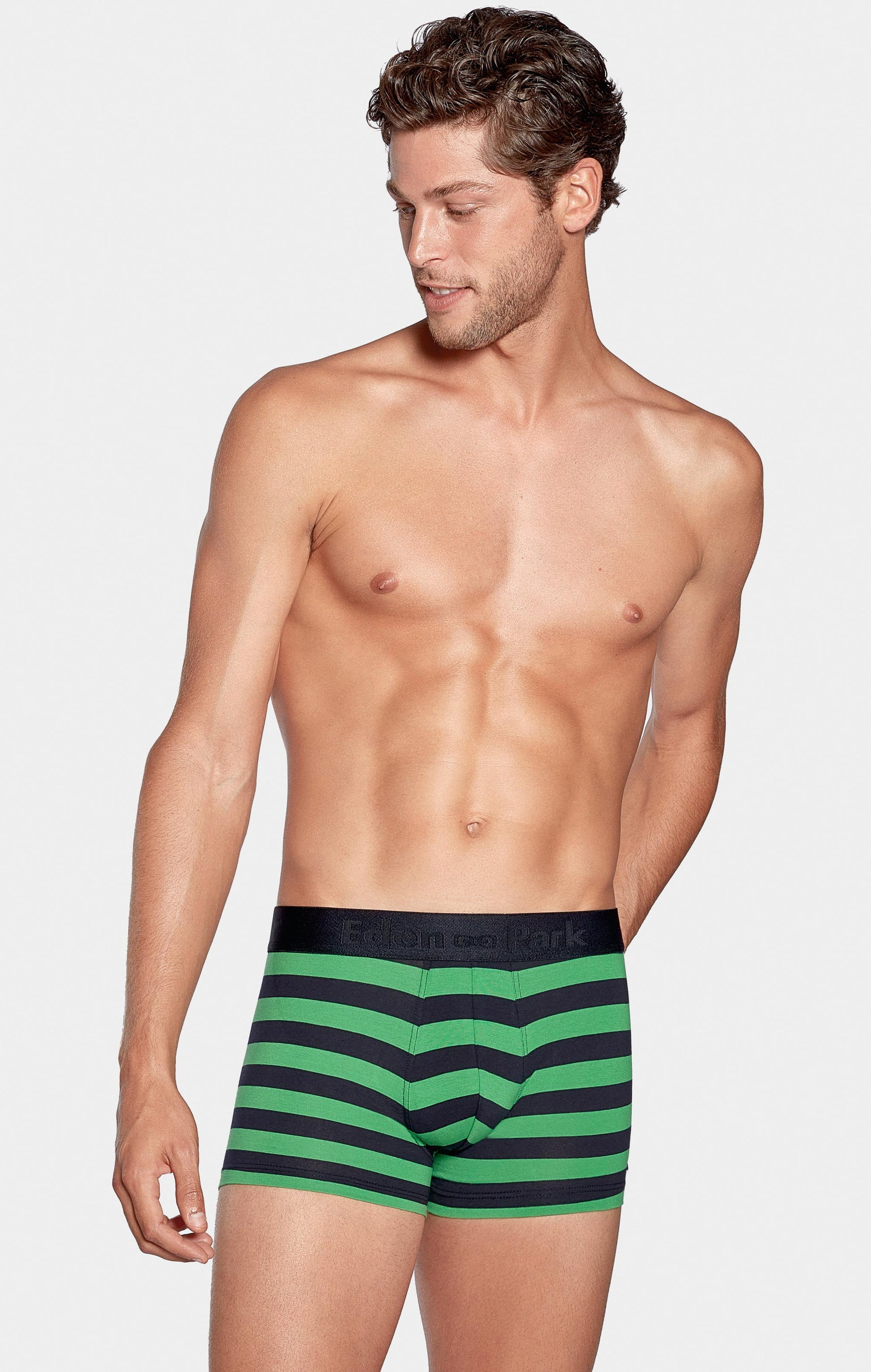 Navy and green striped boxers in stretch cotton