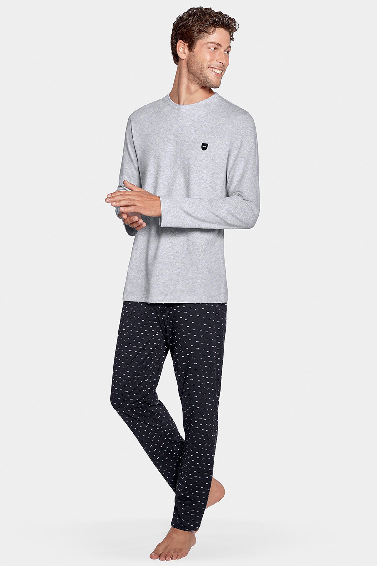 Pyjama long gris à micro motifs en jersey coton - Image 1
