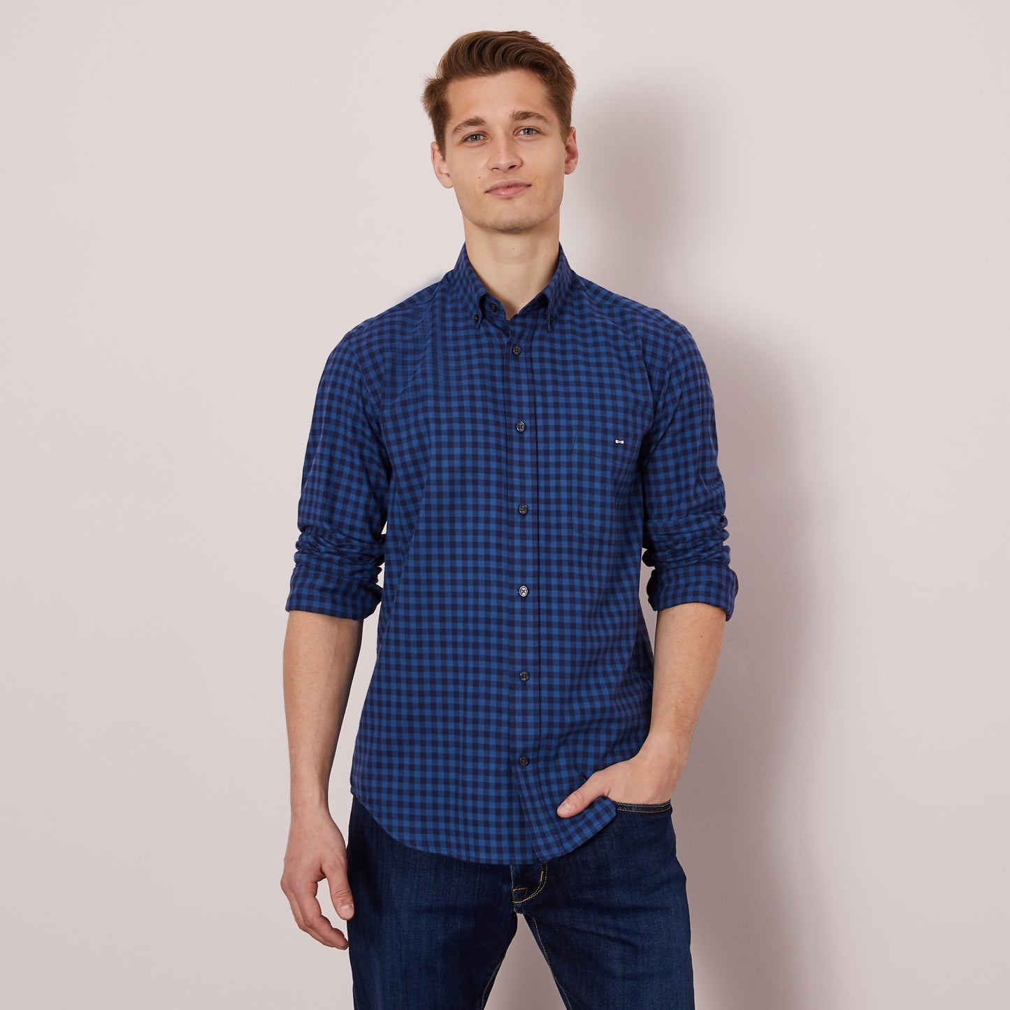 Blue checked shirt in cotton