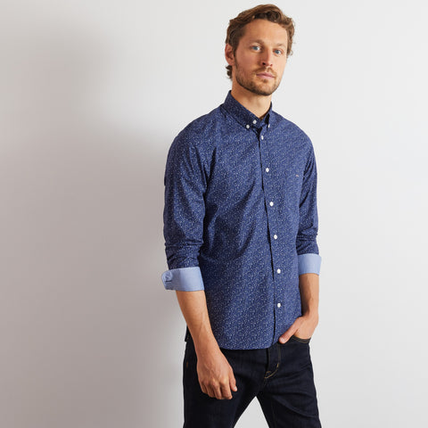 Navy blue shirt with a grey floral motif - Image 1