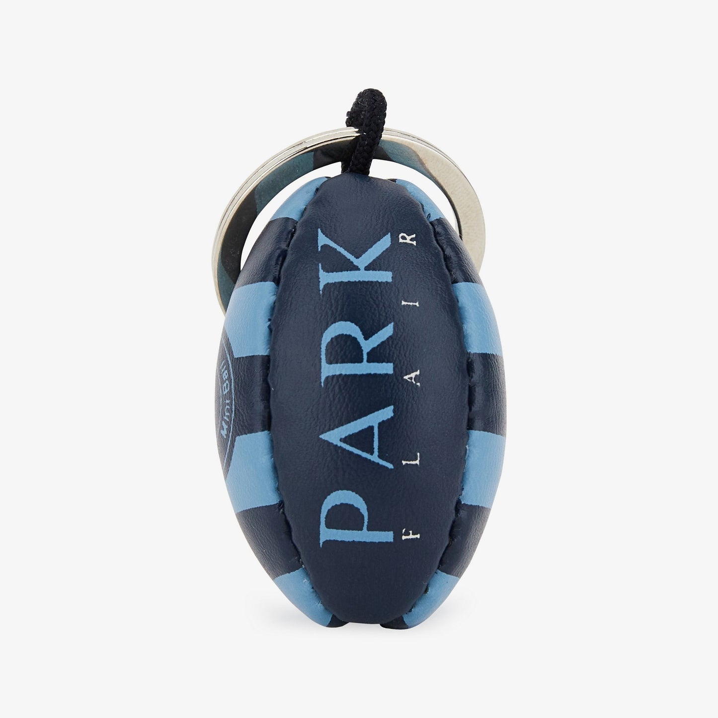Porte-clés ballon de rugby bleu cerclé et sérigraphié - Image 1
