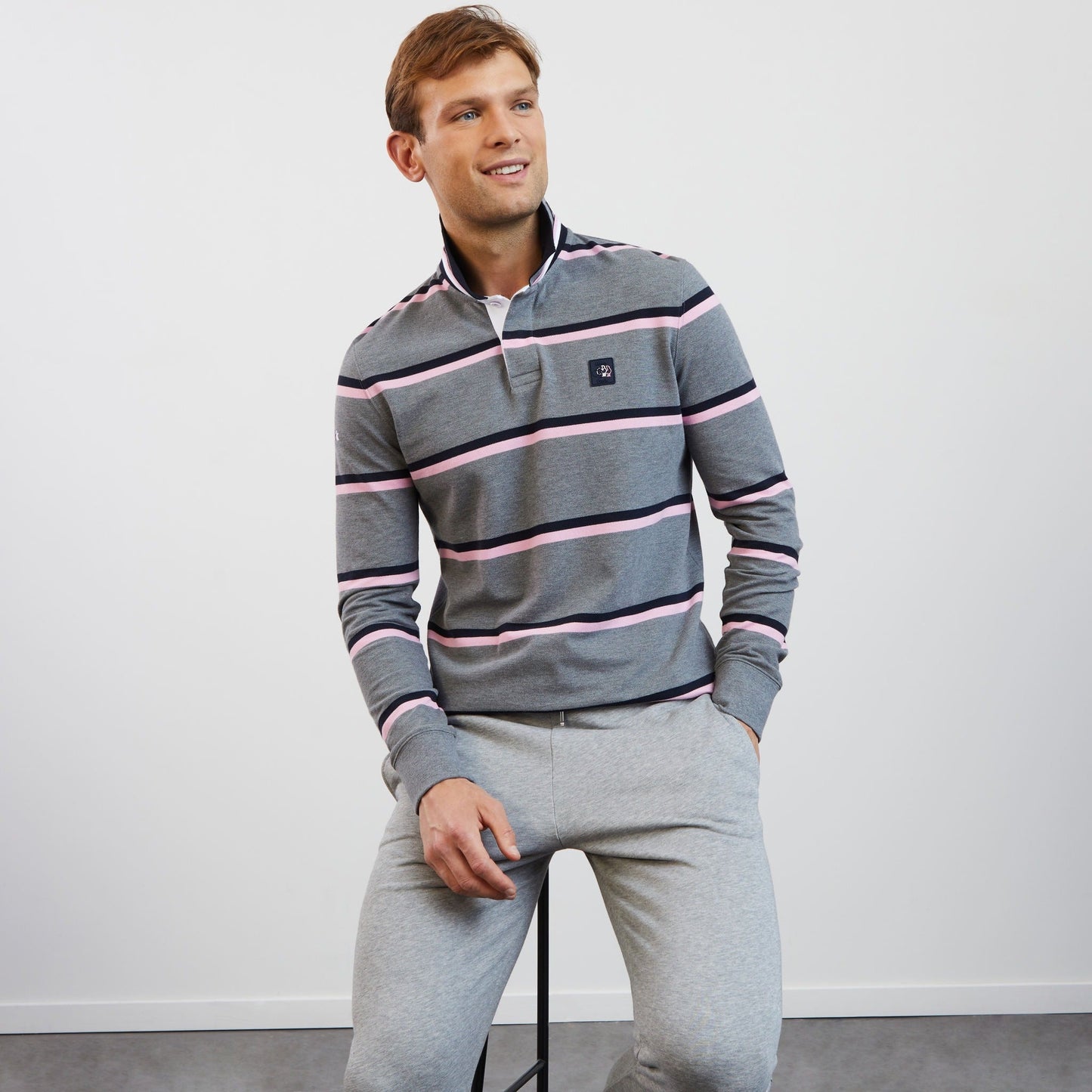 Polo gris à rayures bicolores manches longues - Image 1